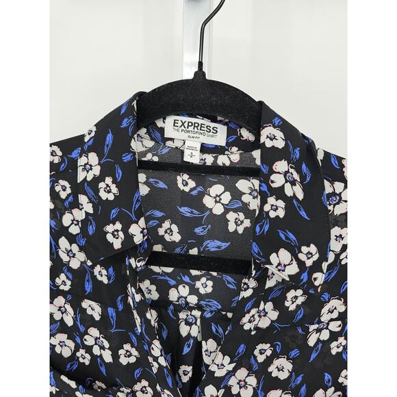 Express Womens Sz S Long Sleeve Portofino Dress Shirt Blue Black Floral Slim Fit - Picture 2 of 3